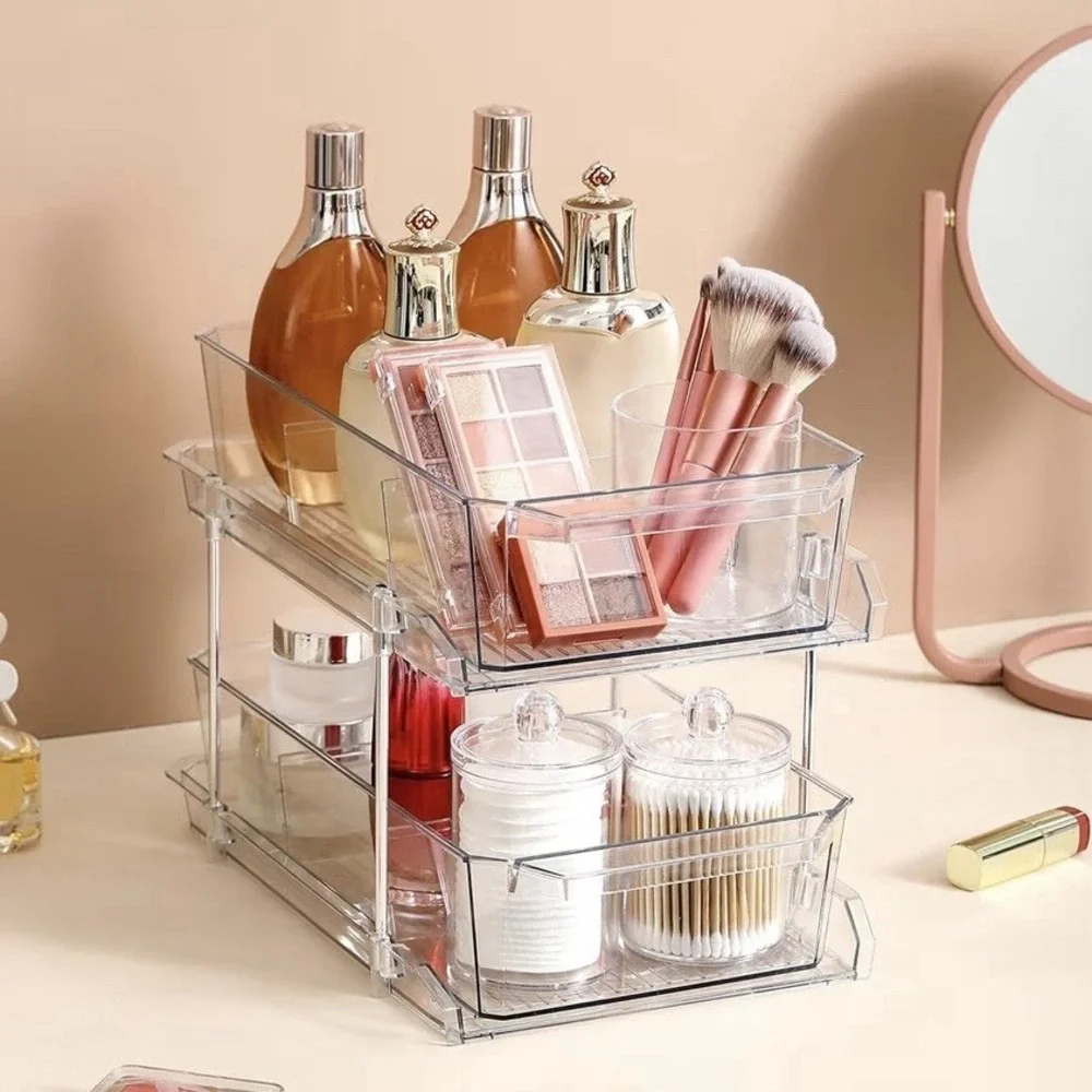 Clear 2-Tier Slide-Out Plastic Storage Organizer w/ Removable Dividers 12.5in